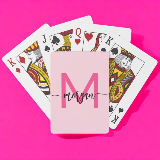 Hot Pink Modern Script Girly Monogram Naam Pokerkaarten