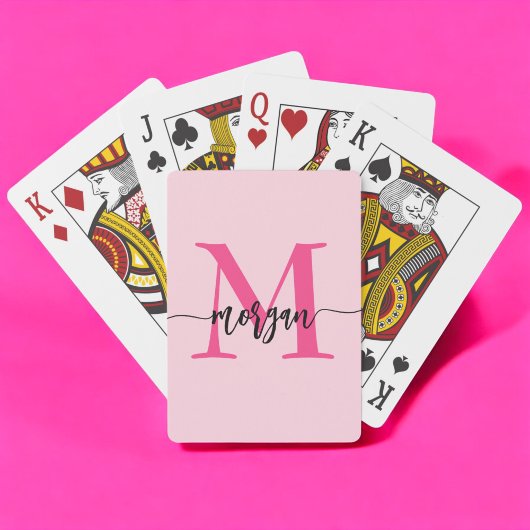 Hot Pink Modern Script Girly Monogram Naam Pokerkaarten