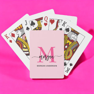 Hot Pink Modern Script Girly Monogram Naam Pokerkaarten