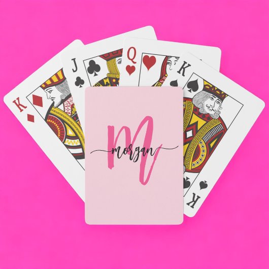 Hot Pink Modern Script Girly Monogram Naam Pokerkaarten