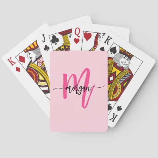 Hot Pink Modern Script Girly Monogram Naam Pokerkaarten (Achterkant)