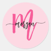Hot Pink Modern Script Girly Monogram Naam Ronde Sticker (Voorkant)
