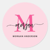 Hot Pink Modern Script Girly Monogram Naam Ronde Sticker (Voorkant)