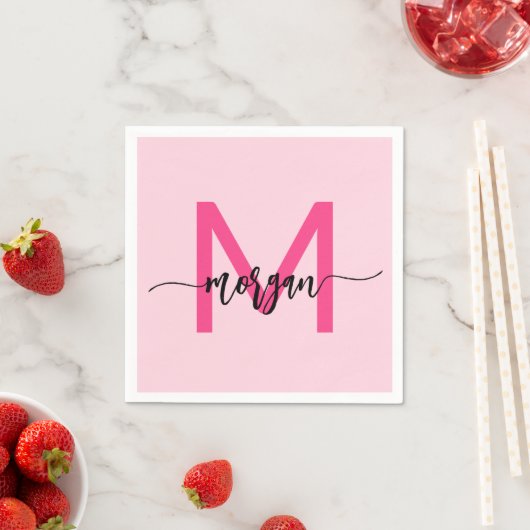Hot Pink Modern Script Girly Monogram Naam Servet (Insitu)