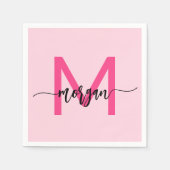 Hot Pink Modern Script Girly Monogram Naam Servet (Voorkant)