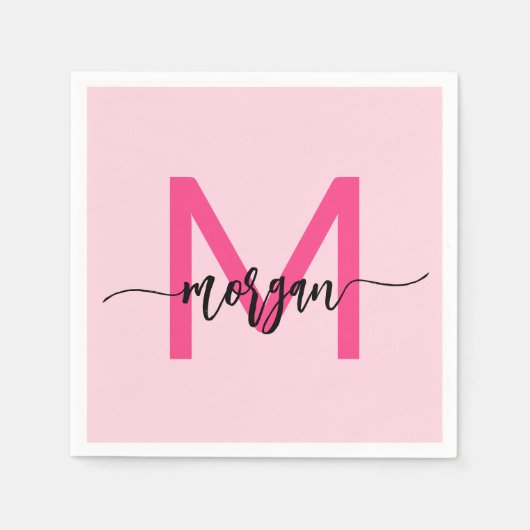 Hot Pink Modern Script Girly Monogram Naam Servet (Voorkant)