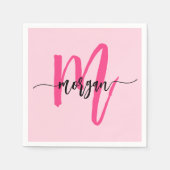 Hot Pink Modern Script Girly Monogram Naam Servet (Voorkant)