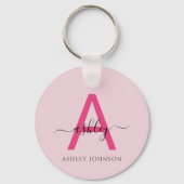 Hot Pink Modern Script Girly Monogram Naam Sleutelhanger (Achterkant)