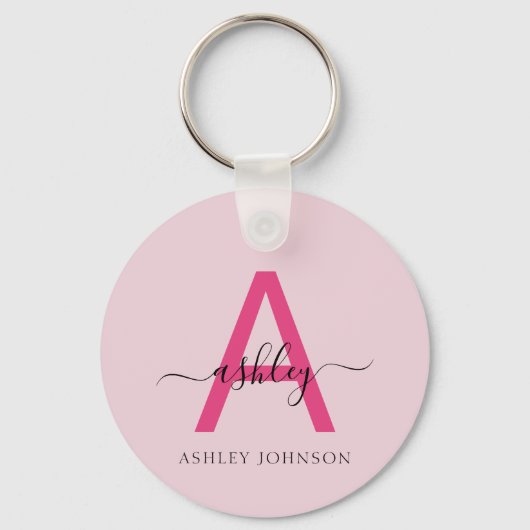 Hot Pink Modern Script Girly Monogram Naam Sleutelhanger (Achterkant)