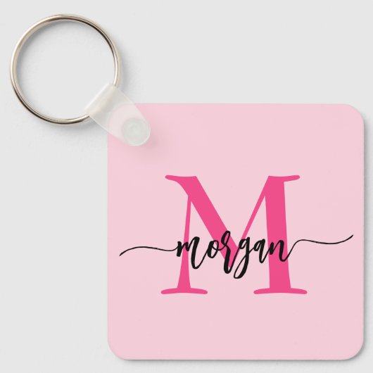 Hot Pink Modern Script Girly Monogram Naam Sleutelhanger (Voorkant)