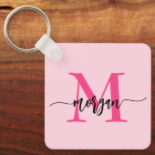 Hot Pink Modern Script Girly Monogram Naam Sleutelhanger (Voorkant)