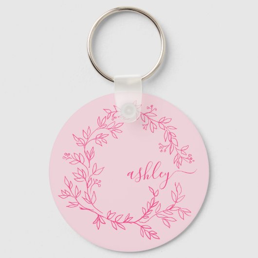 Hot Pink Modern Script Girly Monogram Naam Sleutelhanger (Voorkant)