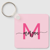 Hot Pink Modern Script Girly Monogram Naam Sleutelhanger (Voorkant)