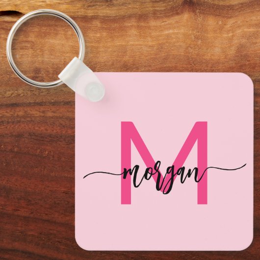 Hot Pink Modern Script Girly Monogram Naam Sleutelhanger (Voorkant)