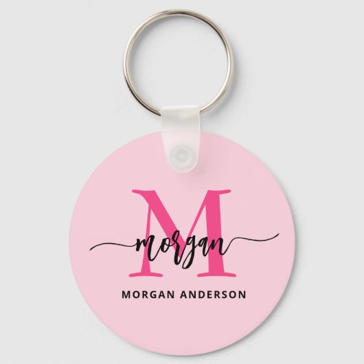 Hot Pink Modern Script Girly Monogram Naam Sleutelhanger (Voorkant)