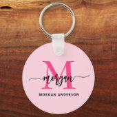 Hot Pink Modern Script Girly Monogram Naam Sleutelhanger (Voorkant)