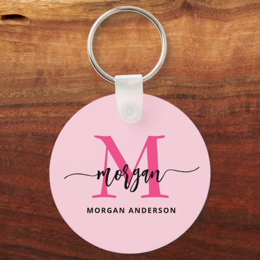 Hot Pink Modern Script Girly Monogram Naam Sleutelhanger (Voorkant)