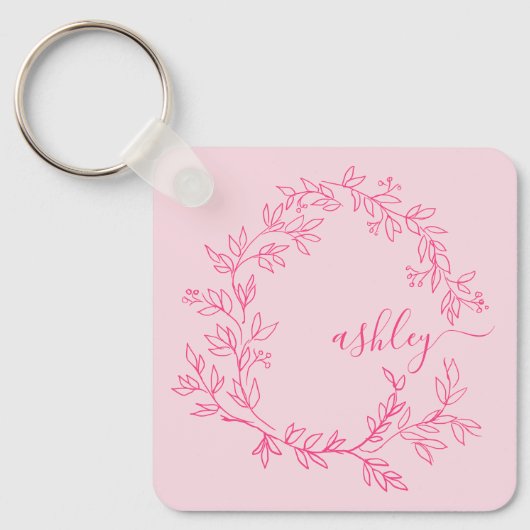 Hot Pink Modern Script Girly Monogram Naam Sleutelhanger (Voorkant)