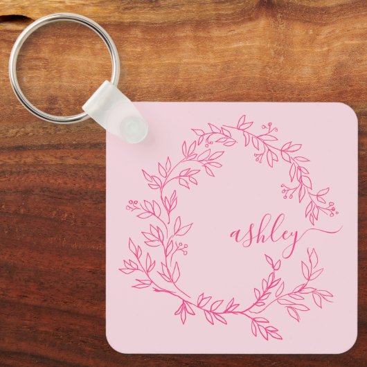 Hot Pink Modern Script Girly Monogram Naam Sleutelhanger (Voorkant)