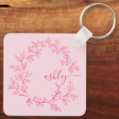 Hot Pink Modern Script Girly Monogram Naam Sleutelhanger (Achterkant)