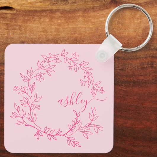 Hot Pink Modern Script Girly Monogram Naam Sleutelhanger (Achterkant)