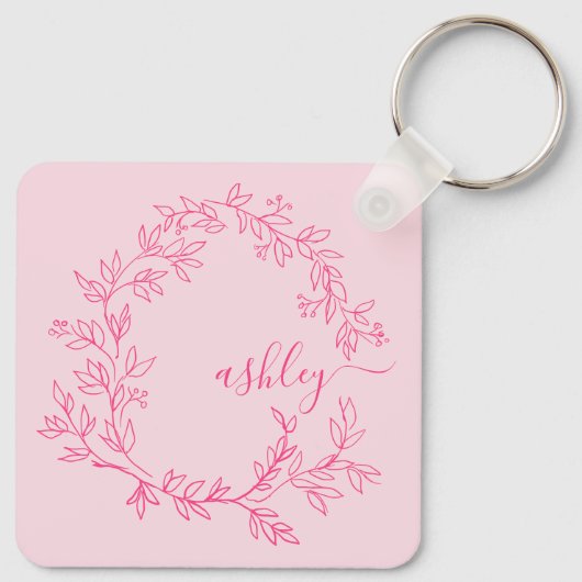 Hot Pink Modern Script Girly Monogram Naam Sleutelhanger (Achterkant)