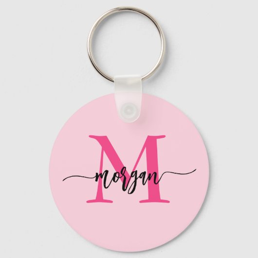 Hot Pink Modern Script Girly Monogram Naam Sleutelhanger (Voorkant)