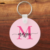 Hot Pink Modern Script Girly Monogram Naam Sleutelhanger (Voorkant)