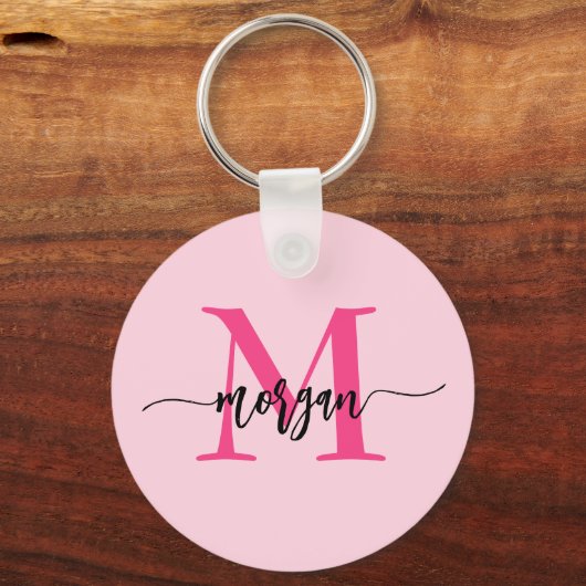 Hot Pink Modern Script Girly Monogram Naam Sleutelhanger (Voorkant)