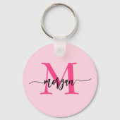 Hot Pink Modern Script Girly Monogram Naam Sleutelhanger (Achterkant)