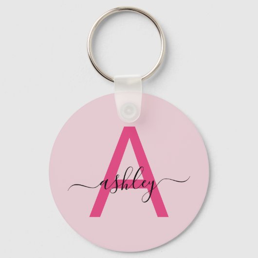 Hot Pink Modern Script Girly Monogram Naam Sleutelhanger (Voorkant)