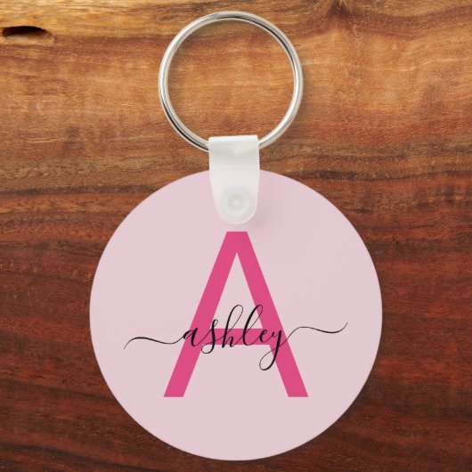 Hot Pink Modern Script Girly Monogram Naam Sleutelhanger (Voorkant)