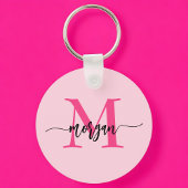 Hot Pink Modern Script Girly Monogram Naam Sleutelhanger
