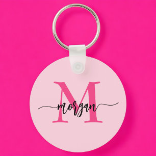 Hot Pink Modern Script Girly Monogram Naam Sleutelhanger