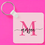 Hot Pink Modern Script Girly Monogram Naam Sleutelhanger<br><div class="desc">Houd uw sleutels in stijl met onze Hot Pink Modern Script Girly Monogram Naam Sleutelhanger! Deze sleutelhanger is voorzien van een levendig roze ontwerp en is gepersonaliseerd met jouw naam in een chique modern script voor een aangepaste, modieuze touch. Perfect voor het toevoegen van een beetje flair aan uw sleutels...</div>