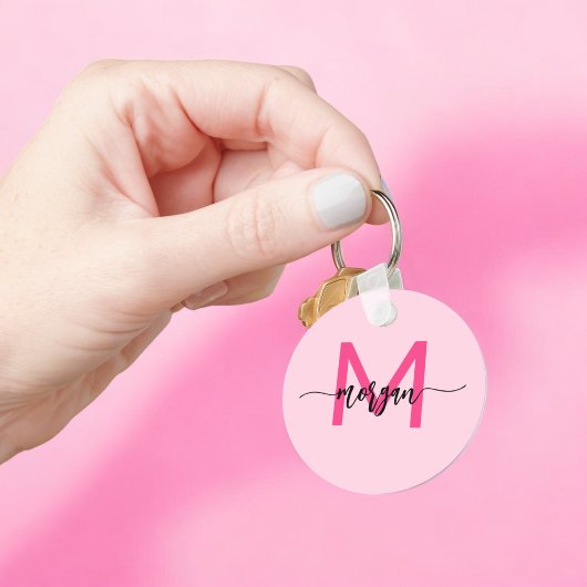 Hot Pink Modern Script Girly Monogram Naam Sleutelhanger