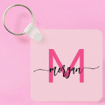 Hot Pink Modern Script Girly Monogram Naam Sleutelhanger<br><div class="desc">Houd uw sleutels in stijl met onze Hot Pink Modern Script Girly Monogram Naam Sleutelhanger! Deze sleutelhanger is voorzien van een levendig roze ontwerp en is gepersonaliseerd met jouw naam in een chique modern script voor een aangepaste, modieuze touch. Perfect voor het toevoegen van een beetje flair aan uw sleutels...</div>