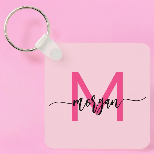 Hot Pink Modern Script Girly Monogram Naam Sleutelhanger