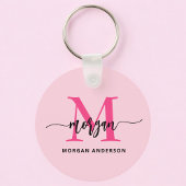 Hot Pink Modern Script Girly Monogram Naam Sleutelhanger