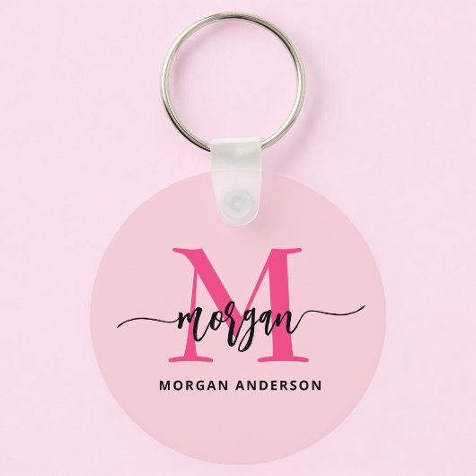 Hot Pink Modern Script Girly Monogram Naam Sleutelhanger