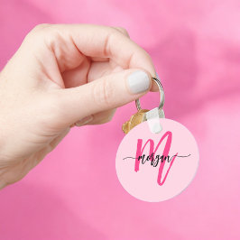 Hot Pink Modern Script Girly Monogram Naam Sleutelhanger