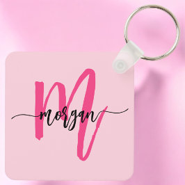 Hot Pink Modern Script Girly Monogram Naam Sleutelhanger