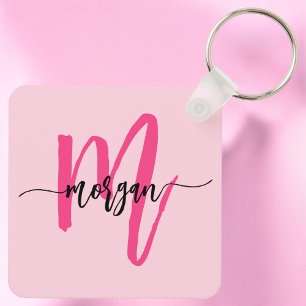 Hot Pink Modern Script Girly Monogram Naam Sleutelhanger