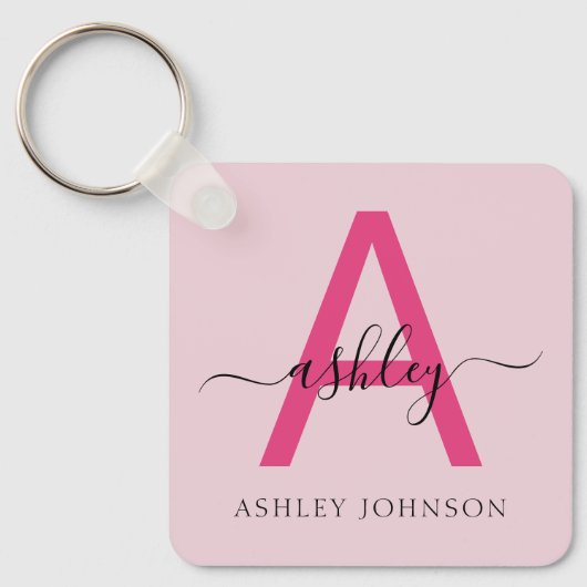 Hot Pink Modern Script Girly Monogram Naam Sleutelhanger (Voorkant)
