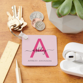 Hot Pink Modern Script Girly Monogram Naam Sleutelhanger