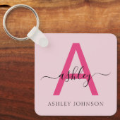 Hot Pink Modern Script Girly Monogram Naam Sleutelhanger (Voorkant)