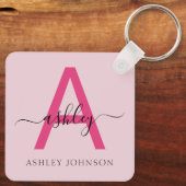 Hot Pink Modern Script Girly Monogram Naam Sleutelhanger (Achterkant)
