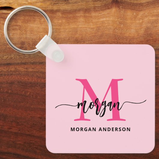 Hot Pink Modern Script Girly Monogram Naam Sleutelhanger (Voorkant)