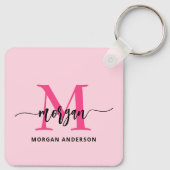 Hot Pink Modern Script Girly Monogram Naam Sleutelhanger (Achterkant)