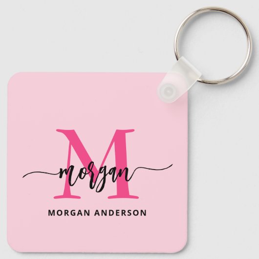 Hot Pink Modern Script Girly Monogram Naam Sleutelhanger (Achterkant)